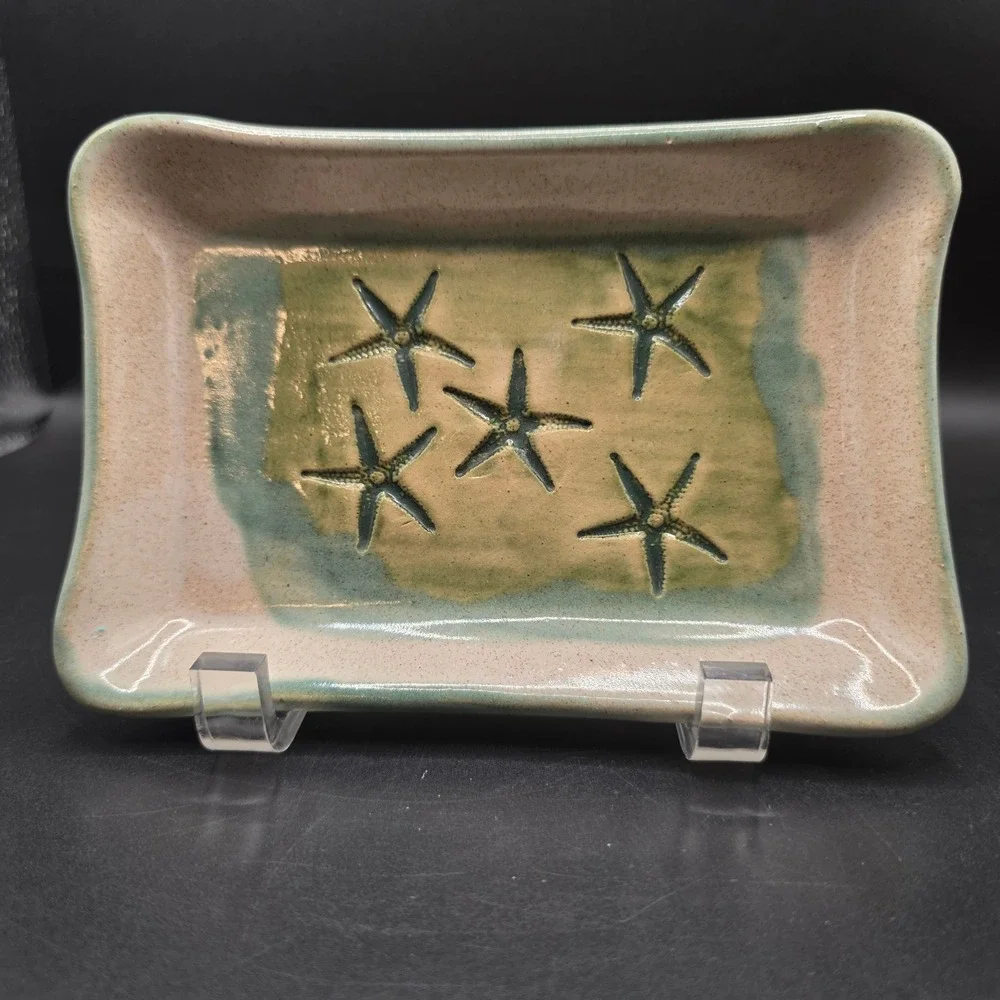 Hugh Wayne Studio Pottery Starfish Trinket Dish Coastal Sage Green Pink Tray